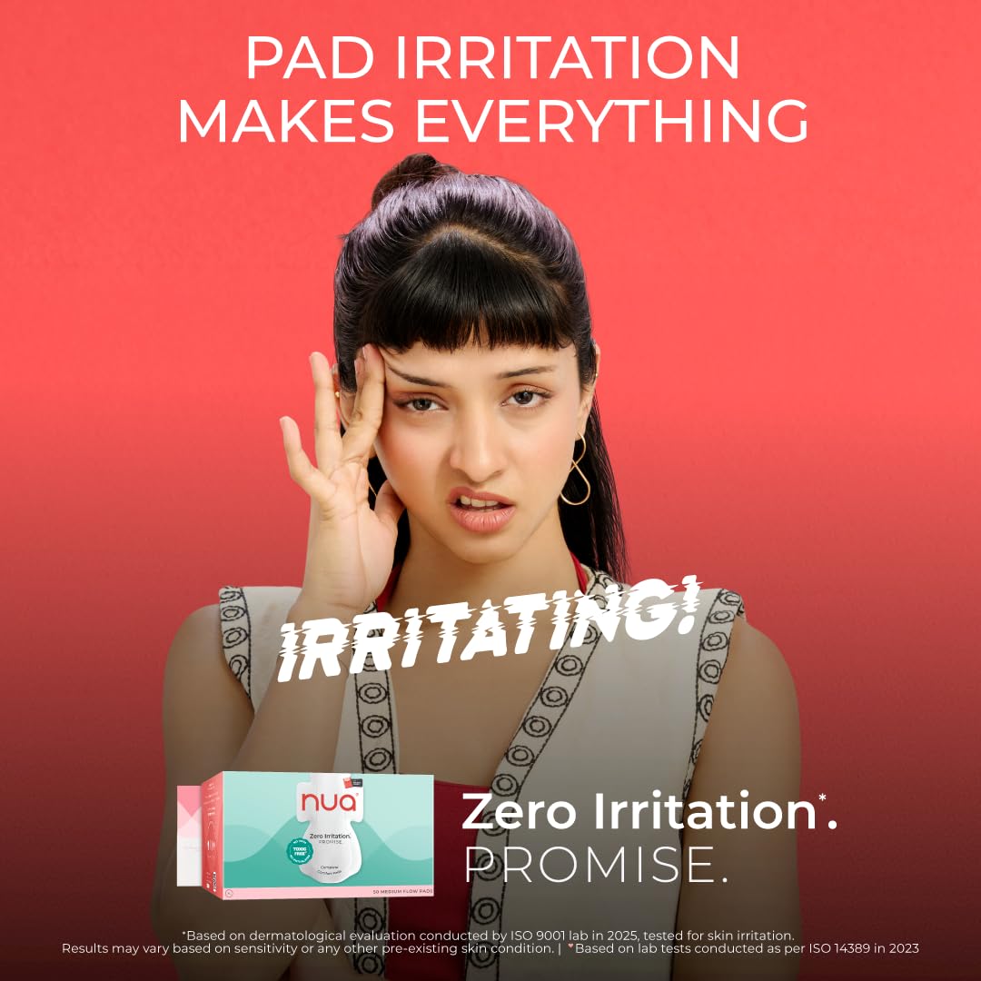 Nua Complete Comfort Sanitary Pads for Sensitive Skin | Pack of 50 Pads (12 Heavy Flow, 20 Medium Flow, 18 Light Flow) with Disposal covers | Zero Irritation | Comfortable All-Day Protection | Ultra-Thin | Super Absorbent | No rashes | 50% Wider Back | 100% Toxic-Free, Dermatologically Tested