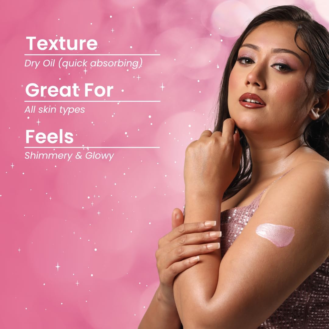 Suroskie Glow Drip 50ml Pink Luxe Body Highlighter with Brush | Shimmer Oil for Radiant & Luminous Skin | Non-Greasy & Quick Absorbing | with Superfood Oils & Pink Mica | Body Shimmer for Women