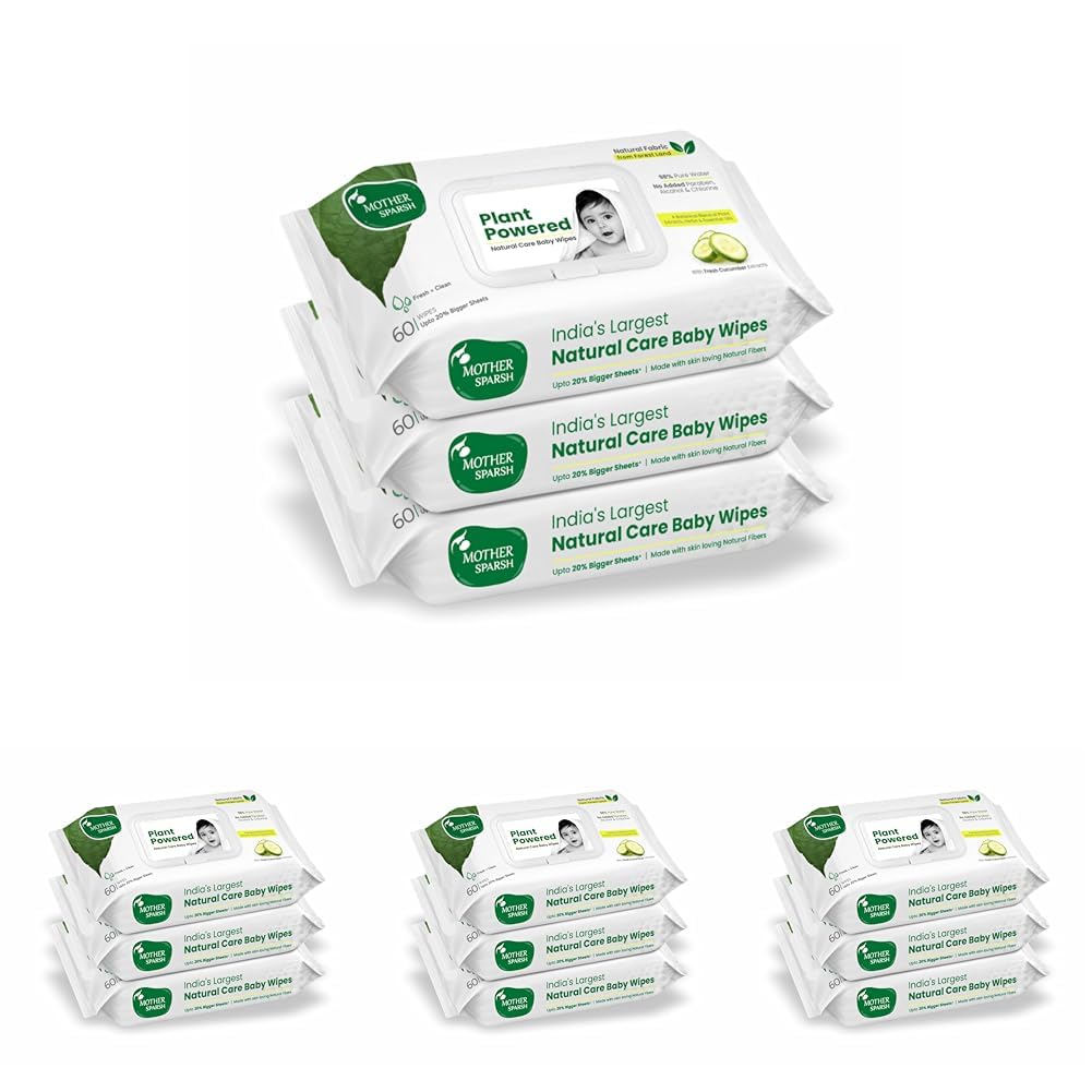 Mother Sparsh Natural Care Water Baby Wipes with Lid | 100% Plant Made Fabric From Forest Land | Fresh+Cleanse (with Cucumber) Plant Powered Wet Wipes For Baby I Cotton Cloth Like Bigger Sheets | 60 Pcs (Pack of 12)