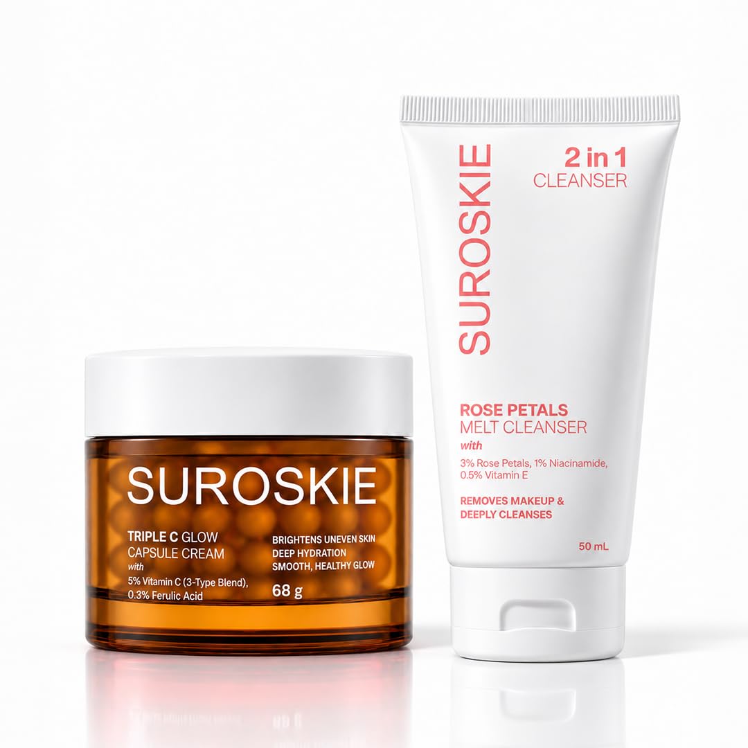 SUROSKIE Triple C Capsule Cream 68g & Rose Petals Melt Cleanser 50ml Combo for Men & Women, Vitamin C Brightening Face Care Kit with Ferulic Acid, Niacinamide, Ceramides & Hyaluronic Acid