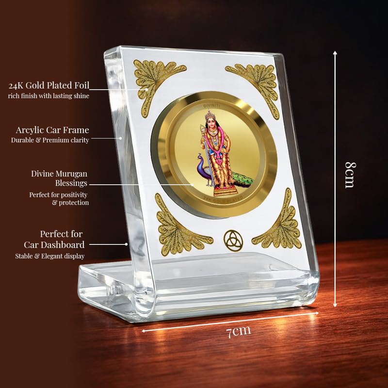 DIVINITI 24K Gold Plated Lord Murugan Acrylic Frame for Car Dashboard, Home Temple & Office Table | Premium Spiritual Gift, Blessings for Protection & Positivity, 8x7 cm Decorative Showpiece
