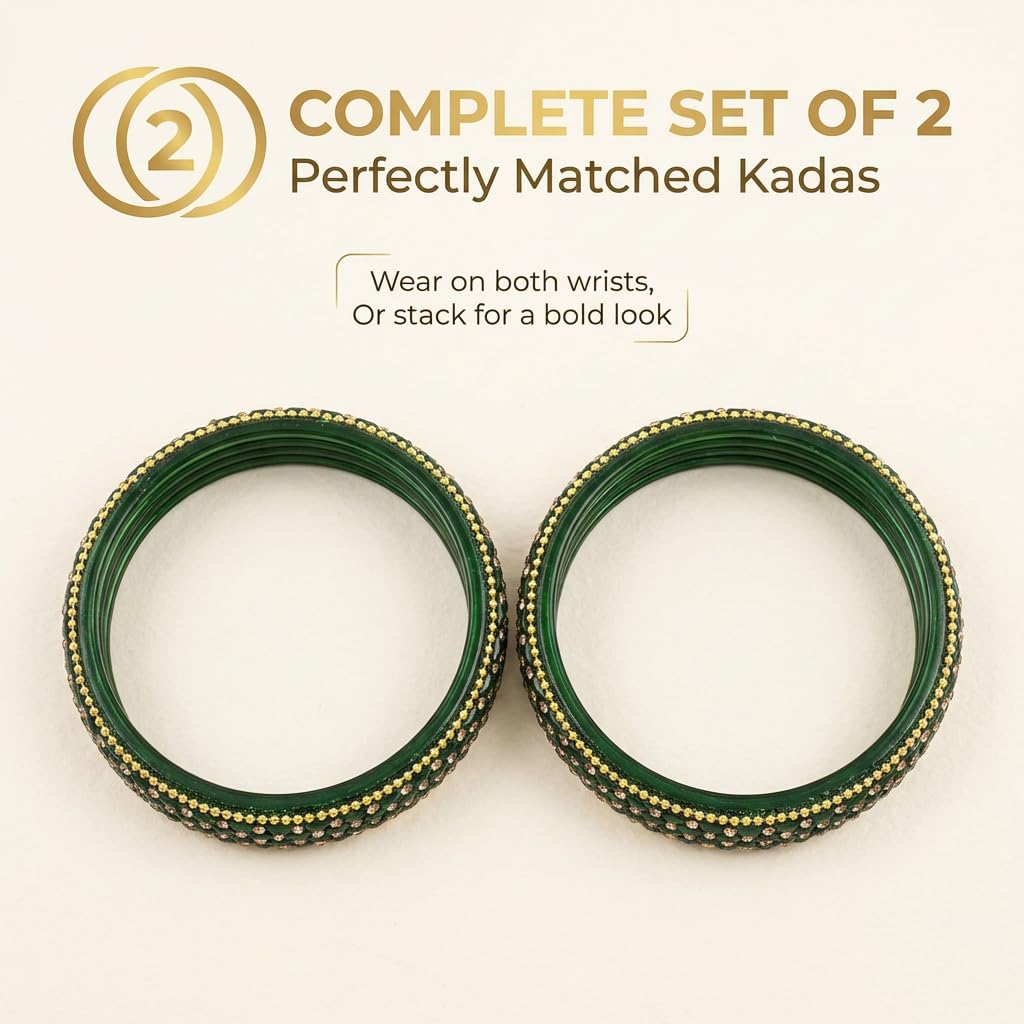 NMII Glass Golden Zircon GemStone & Beads Studded Thick Kada Set For Women & Girls | Chudi Set | Glass Bangles For Women | Fancy Kada For Women Party, Wedding, Occasion, Daily use