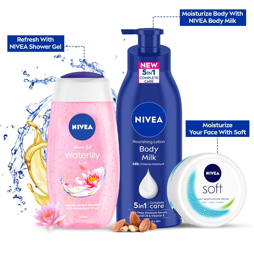 NIVEA Complete Regime Kit - Soft 300ml Moisturizing Cream, Body Milk 400ml Nourishing Lotion & Water-Lily Flower 250ml Refreshing Shower Gel