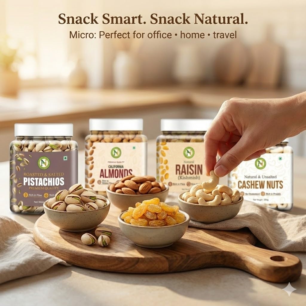 NatureVit Dry Fruits Combo Pack, 1 Kg | Almond, Cashew, Raisins, Roasted Pistachio (250gm x 4) | Tasty, Fresh & Healthy | High in Protein | Healthy Gifts Hamper Every Occasion, Diwali Gift Pack Family, Corporate Office Gifts Combo
