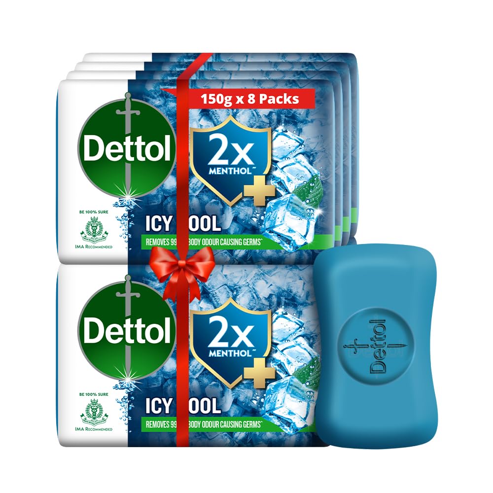 Dettol Icy Cool Bathing Soap Bar With 2X Menthol - 150Gm Each (Pack Of 8)