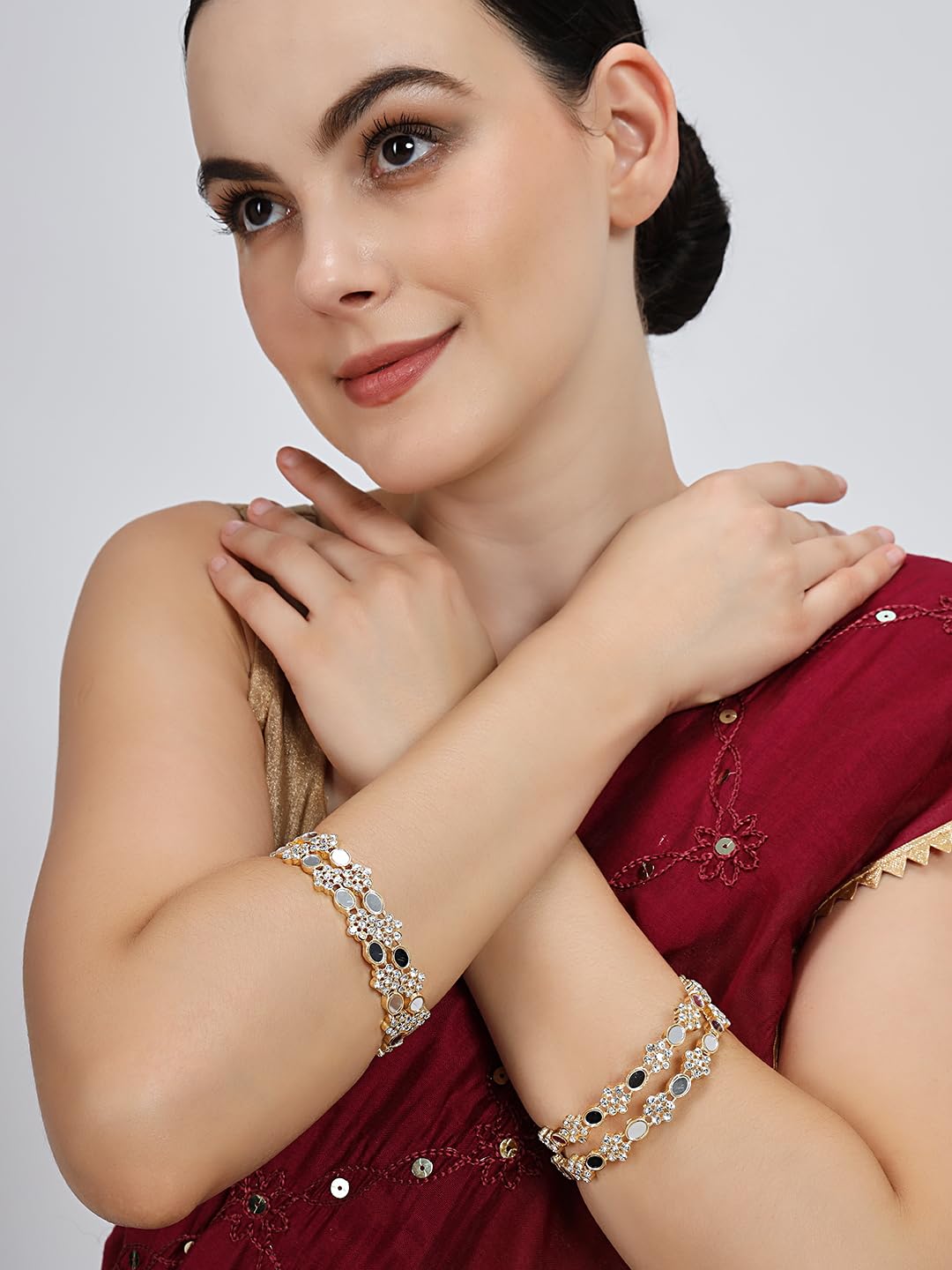 NMII Golden Metal with Zircon Diamond & Mirror Work Bangles Set For Women & Girls | Stylish Girl's Bangles Bracelet | Diamond Stone Bangles | Ethnic Jewellery Set Wedding, Party- Set of 4