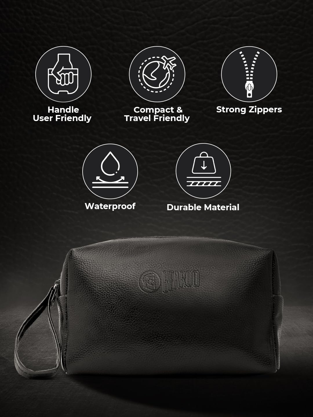 BEARDO Travel Friendly Pouch For Accessories|Stylish Toiletry Organizer Kit For Men & Women|Vegan Leather Waterproof Kit For Travel Essentials Cosmetic Bag,Unisex-Adults, 22x 15 x15 Centimeters, Black