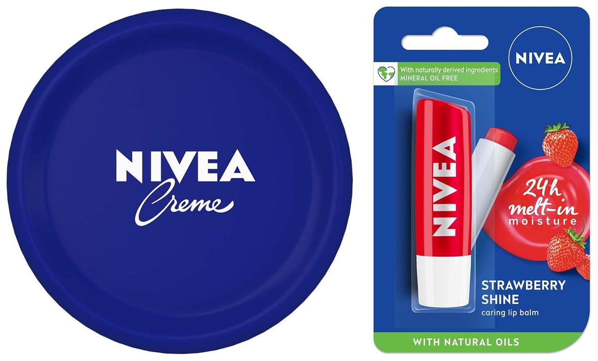 NIVEA Crème, All Season Multi-Purpose Cream, 200ml & NIVEA Lip Balm, Fruity Strawberry Shine, 4.8g