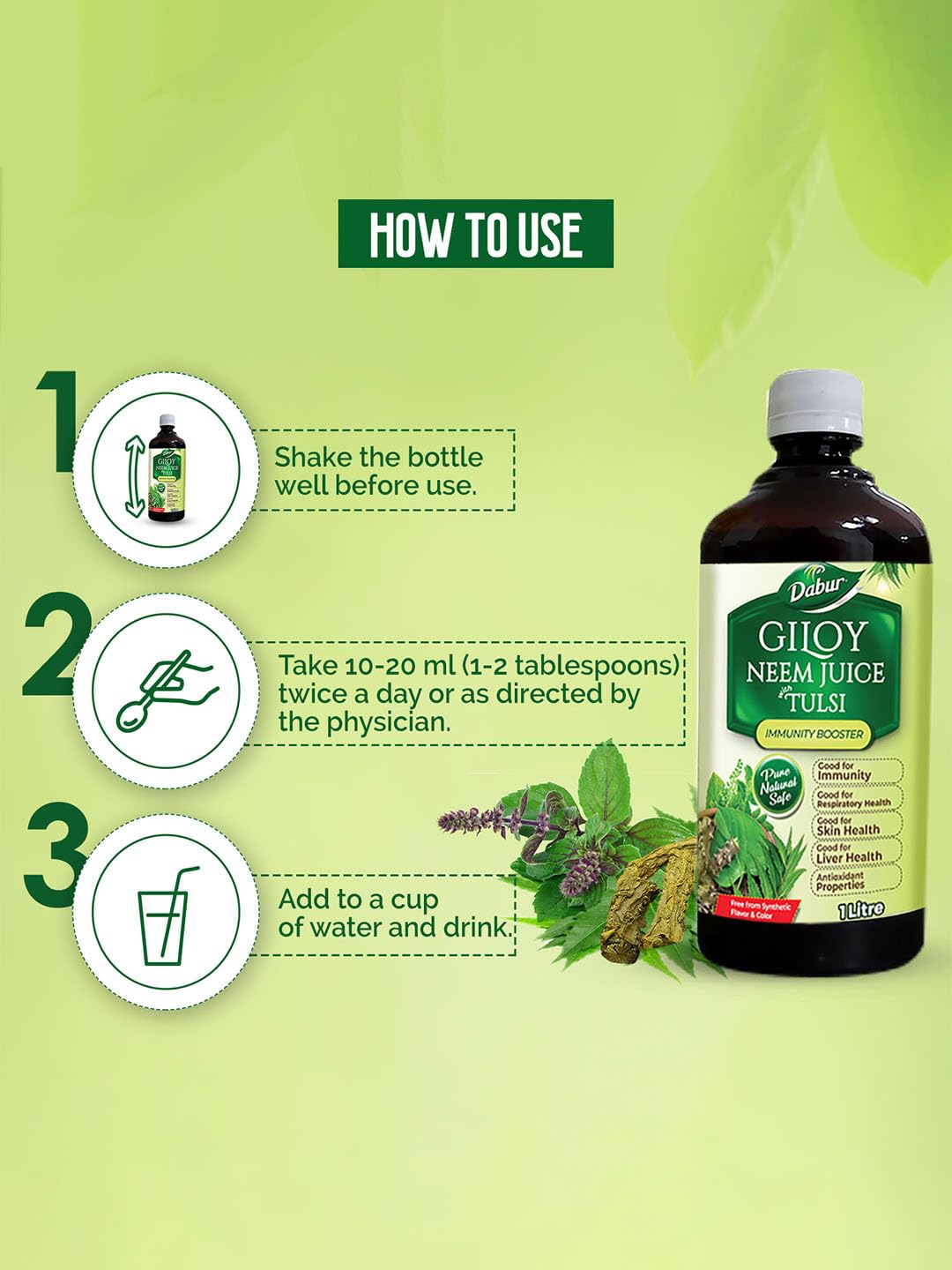 Dabur Giloy Neem Tulsi Juice - 1L | Benefit of 3-in-1 Immunity Boosters| With Power of Giloy, Neem and Tulsi | Pure, Natural and 100% Ayurvedic Juice