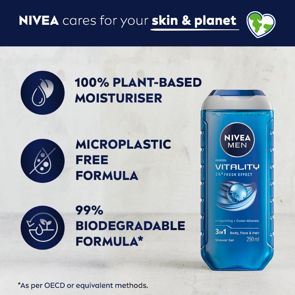 NIVEA MEN Vitality Fresh 250ml Body Wash| Shower Gel for Face, Body & Hair| Power of Ocean Minerals| Long Lasting Summer Freshness |Clean, Healthy & Moisturized Skin