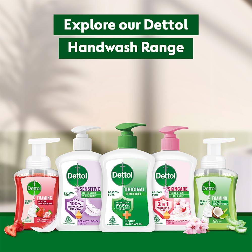 Dettol Liquid Handwash Dispenser Bottle Pump (210ml, - Original Hand Wash | Germ Defence Formula | 10x Better Germ Protection