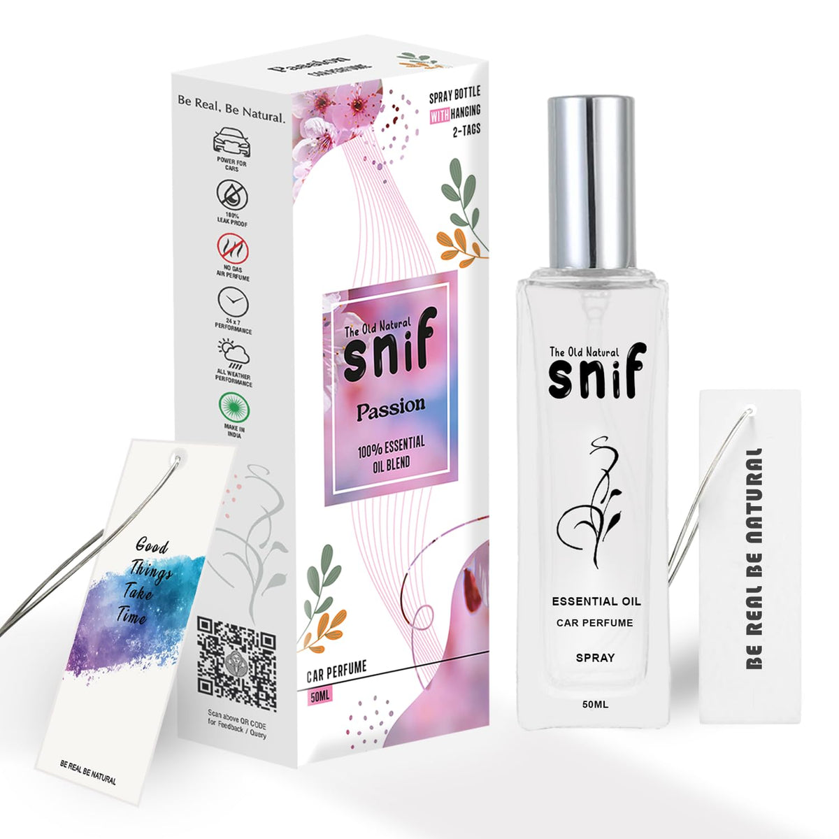 The Old Natural Spray Car Perfumes with Essential Oils Fragrance in Glass bottle with 2 Hanging Tags | Car Air Fresheners 50ml (Passion)