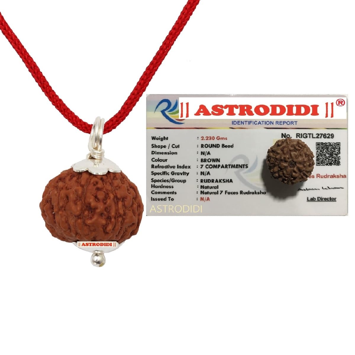 ASTRODIDI 7 Mukhi Rudraksha Original Certified Java Seven Face Small Size Silver Coated Pendant with Lab Report | Astrological Benefits | Unisex Design for Men & Women