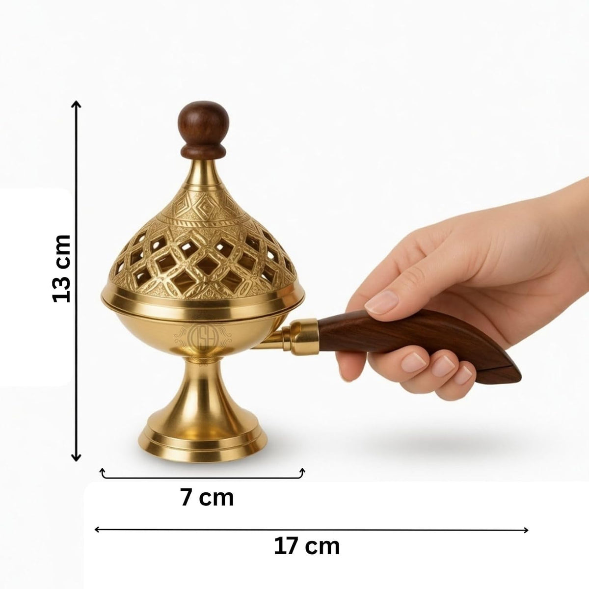 DSH Brass Loban Burner Home Purifying Dhoop Dani Bakhoor Holder Table Incense Burner with Wooden Handle for Home Decoration