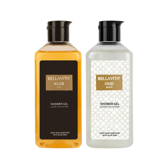 Bella Vita Luxury KLUB Man and OUD WHITE Body Wash Refreshing Shower Gel for Deep Cleansing, Hydrating & Moisturising Skin with Aloe Vera, 250 ml Each
