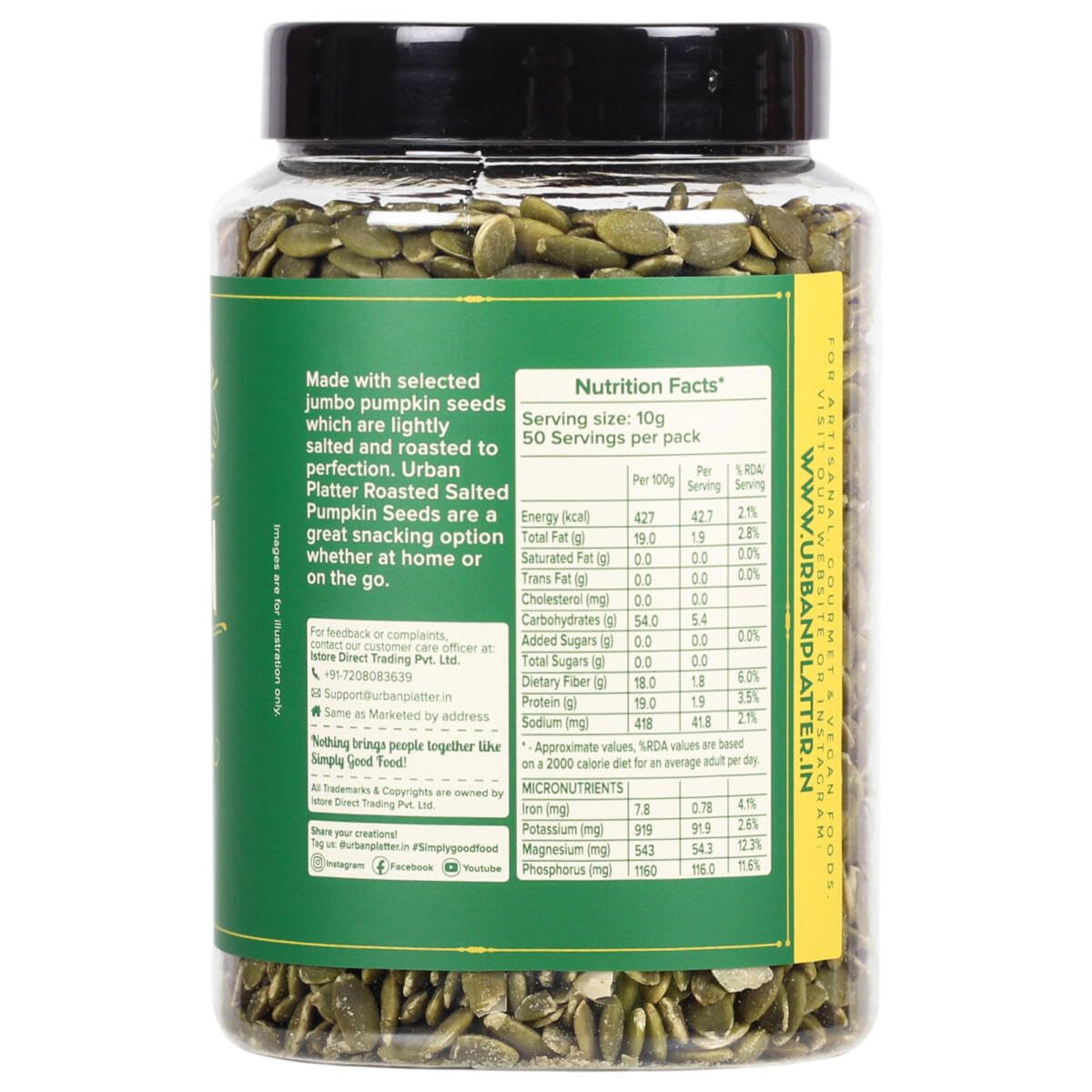 Urban Platter Roasted Pumpkin Seeds, 500g x 2 (Pepitas, Naturally Rich in Protein & Healthy Fats, Snack, Sprinkle & Bake)