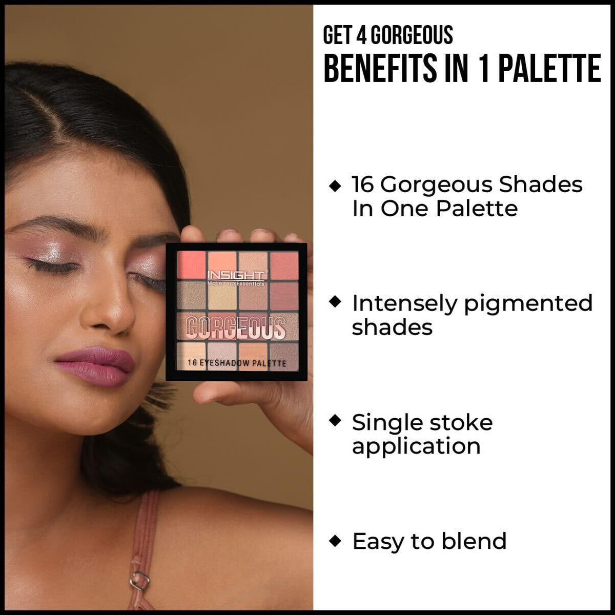Insight Cosmetics Gorgeous 16 Color Eyeshadow Palette|Matte|Shimmer|Beginner Friendly & Long Lasting Eye Shadow Palette|Long Wearing And Easily Blendable Eye Makeup Palette, 37gm(MK09-Golden Skyline)