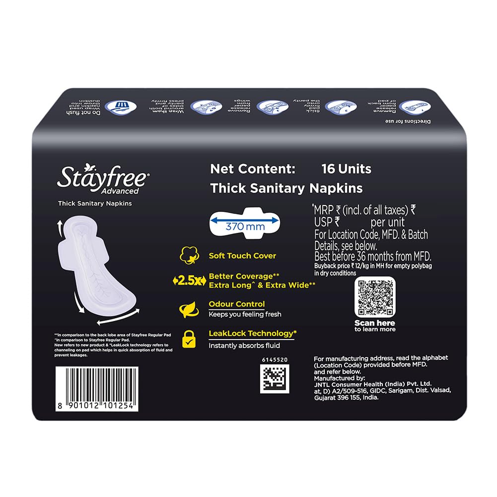 Stayfree Advanced XXXL Thin Sanitary Pads for Women | 16 Soft Cotton Pads for All Night Ultra Comfort | Absorbs 2x More with Wider Back | Prevent Rashes | Odour Control
