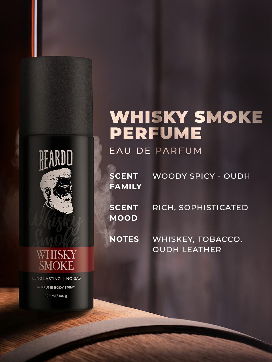 Beardo Whisky Smoke Perfume Body Spray for Men 120ml | Spicy, Woody - Oudh No Gas Deo for Men Long Lasting | Date night Deodorant | Gift for Husband