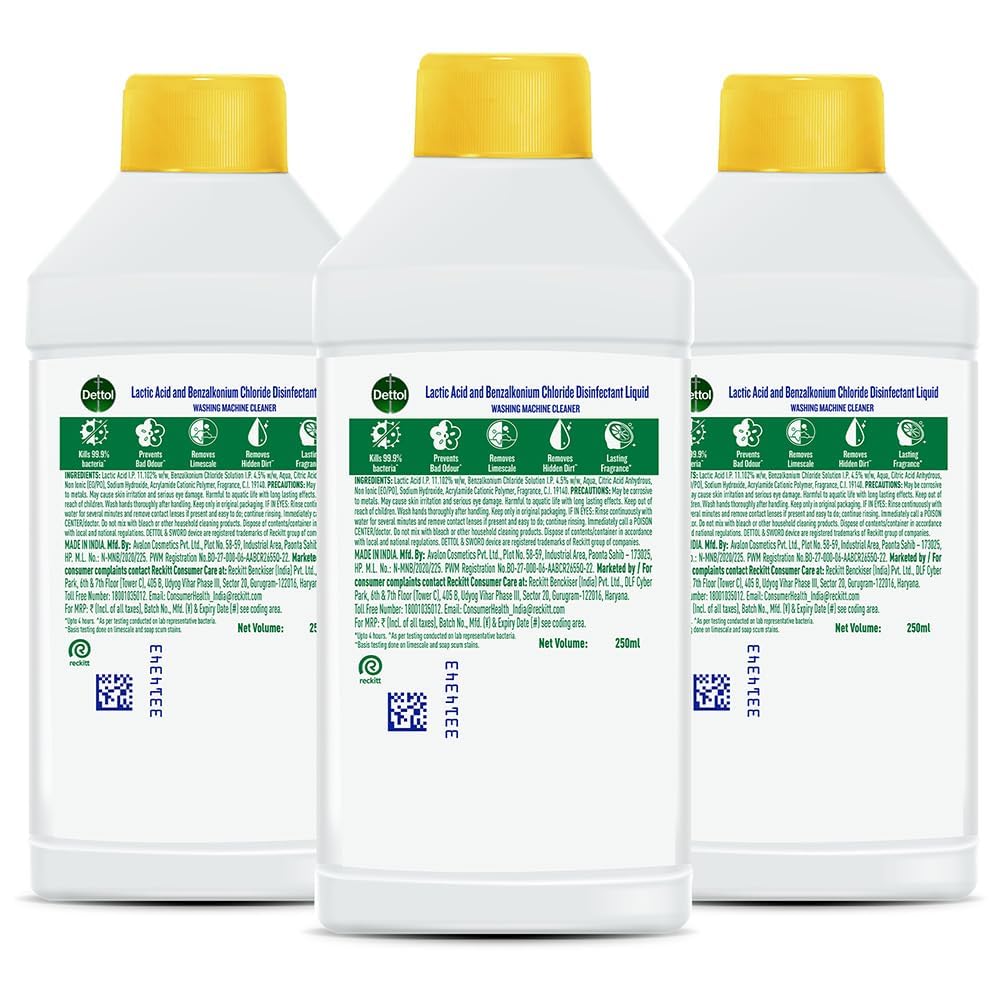 Dettol 5 in 1 Washing Machine Cleaner & Descaling Liquid for top load and front load| Lemon 250ml | Removes Limescale, Dirt and Bad odour | Kills 99.9%* Bacteria | Pack of 3