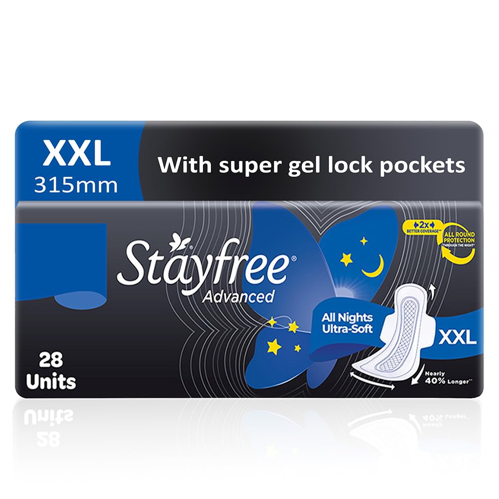 Stayfree Advanced XXL All Night Sanitary Pads For Women | 28 Pads | Soft Cover | 2x Coverage for All Round Protection | Helps Prevent Rashes & Skin Irritation