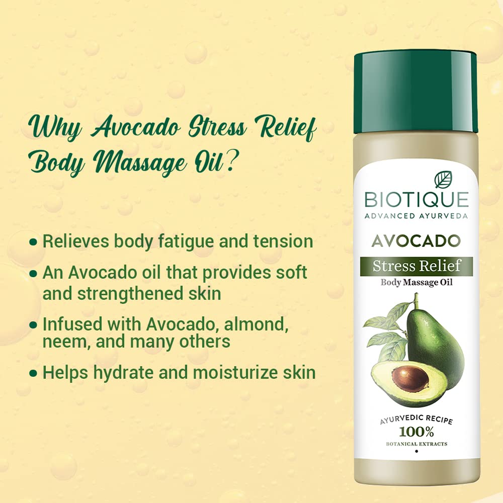 Biotique Cado Stress Relief Avocado Stress Relief Body Massage Oil | Heals and Hydrates dry skin | 100% Botanical Extracts | Suitable for All Skin Types | 200ml (Pack of 4)