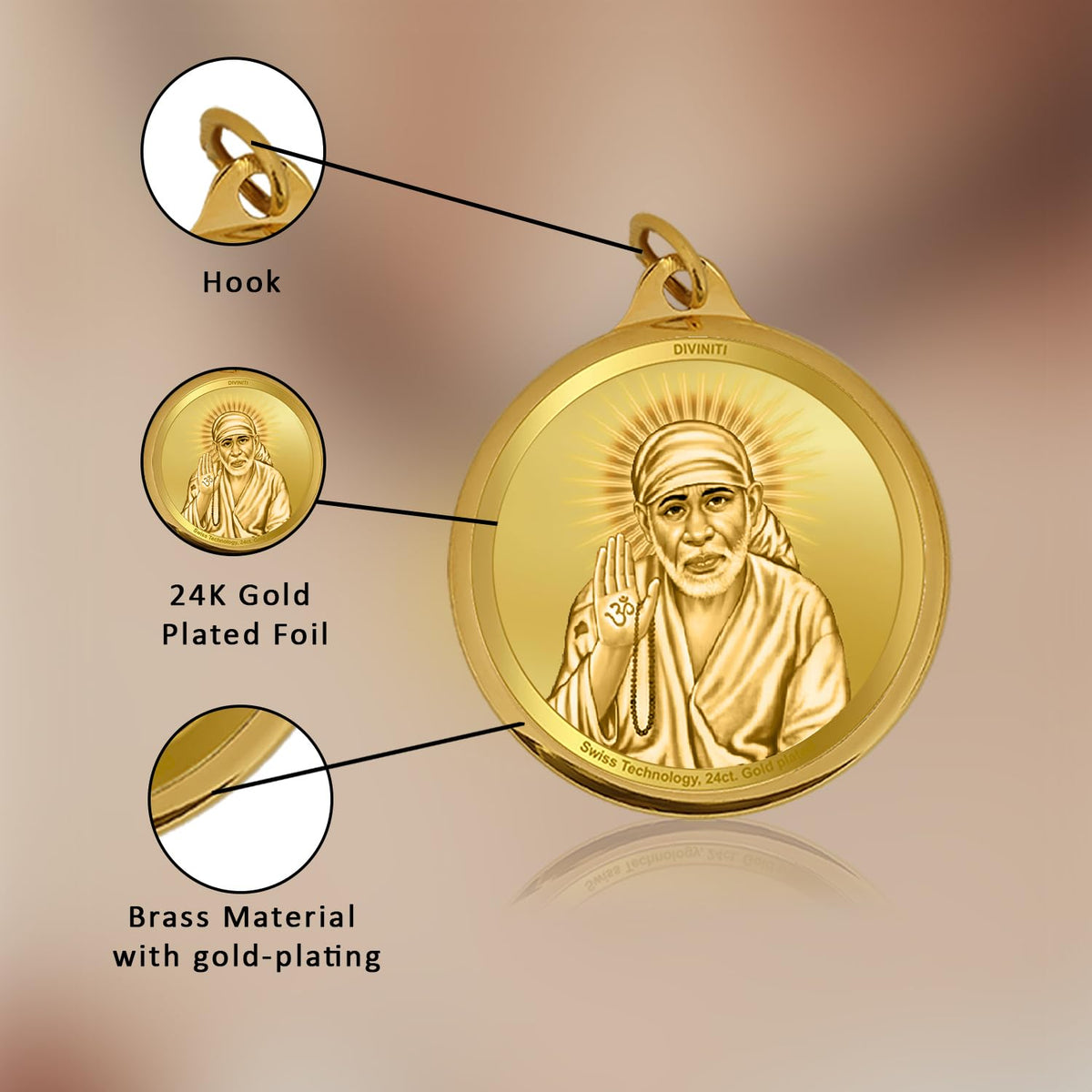 DIVINITI 24K Gold Plated Double-Sided Religious Pendant with Premium Gift Box, Spiritual Locket for Men & Women, Devotional Jewellery for Gifting & Everyday Wear | Sai Baba & Om-1