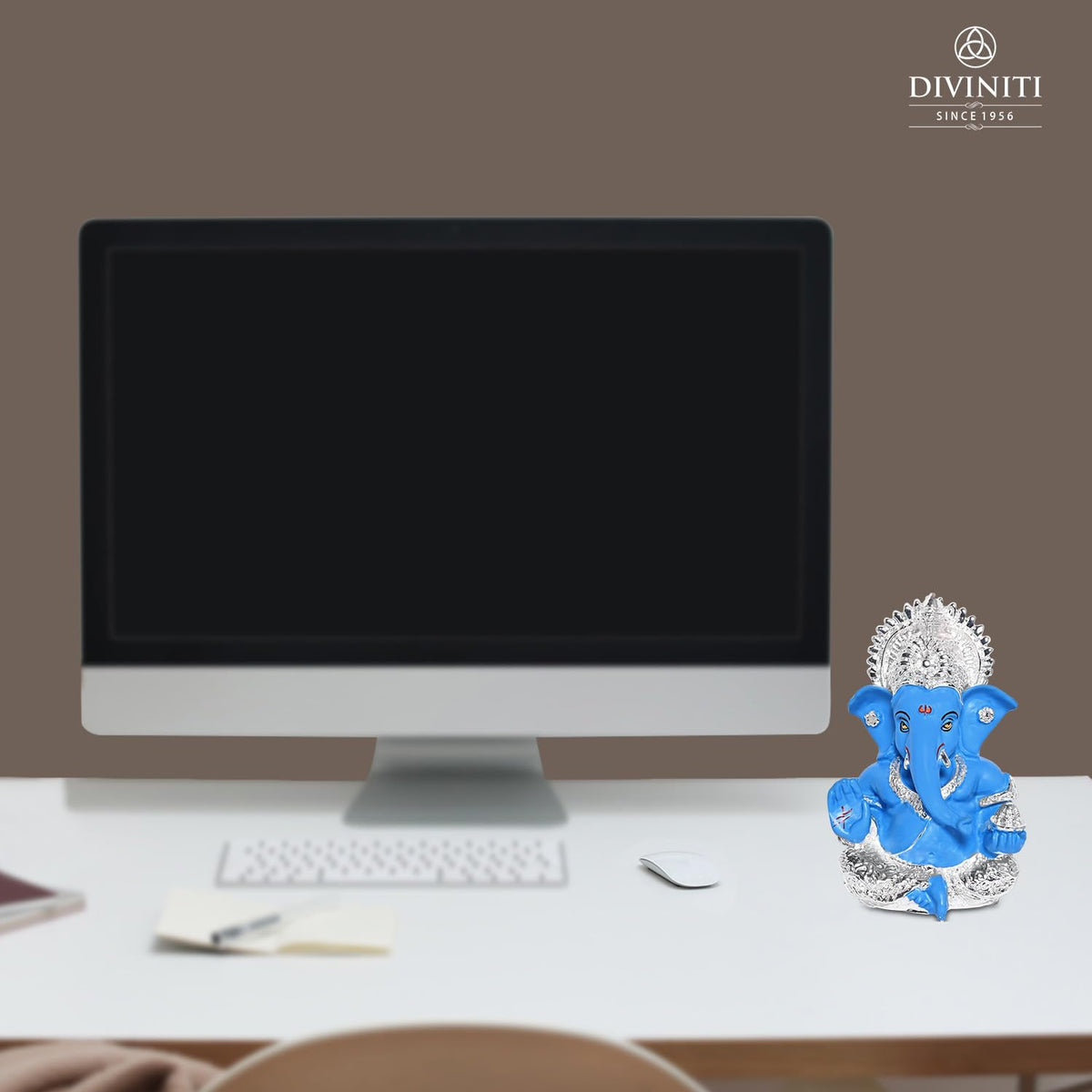 DIVINITI 999 Silver Plated Resin Lord Ganesha Idol for Car Dashboard, Tabletop|Ganesh Statue for Good Luck and Success|Ganpati Murti for Home Decor Mandir, Office Desk Puja Gift Blue (8.4x4.2cm)