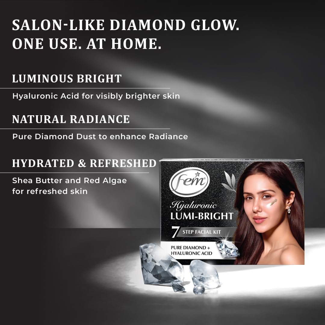 Dabur Fem Hyaluronic Lumi-Bright Facial Kit with Pure Diamond & Hyaluronic Acid – 35ml | Instantly Brightens & Hydrates | Reduces Dullness & Dark Spots | Gives Luminous, Smooth & Youthful Skin