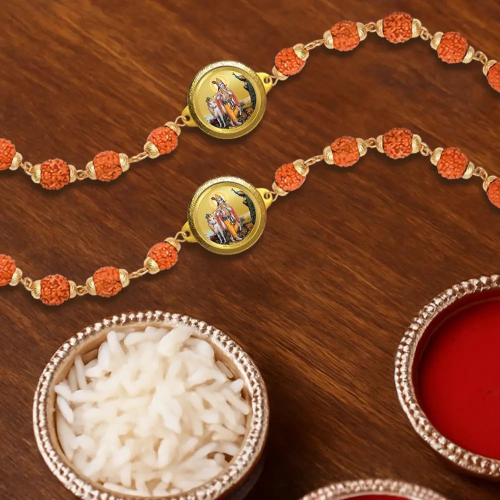 Diviniti krishna with Surbhi Cow Rudraksha Rakhi with 24K Gold Plated Foil Divine Raksha Bandhan Gift