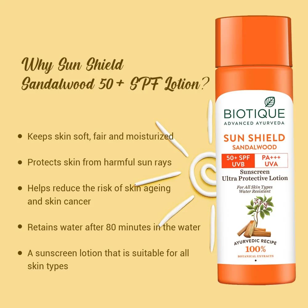 Biotique Bio Sandalwood 50+ SPF UVA/UVB Sunscreen Ultra Soothing Face Lotion Water Resistant, 190ml