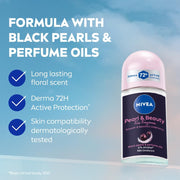 NIVEA Women Pearl & Beauty Roll On Deodorant, Underarm Deodorant with 72H Active Odour Protection, Long-Lasting Floral Fragrance, Underarm Roll On for Fresh, Beautiful Underarms, 0% Alcohol, 50 ml
