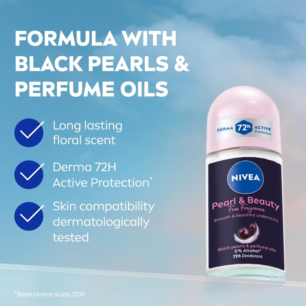 NIVEA Women Pearl & Beauty Roll On Deodorant, Underarm Deodorant with 72H Active Odour Protection, Long-Lasting Floral Fragrance, Underarm Roll On for Fresh, Beautiful Underarms, 0% Alcohol, 50 ml