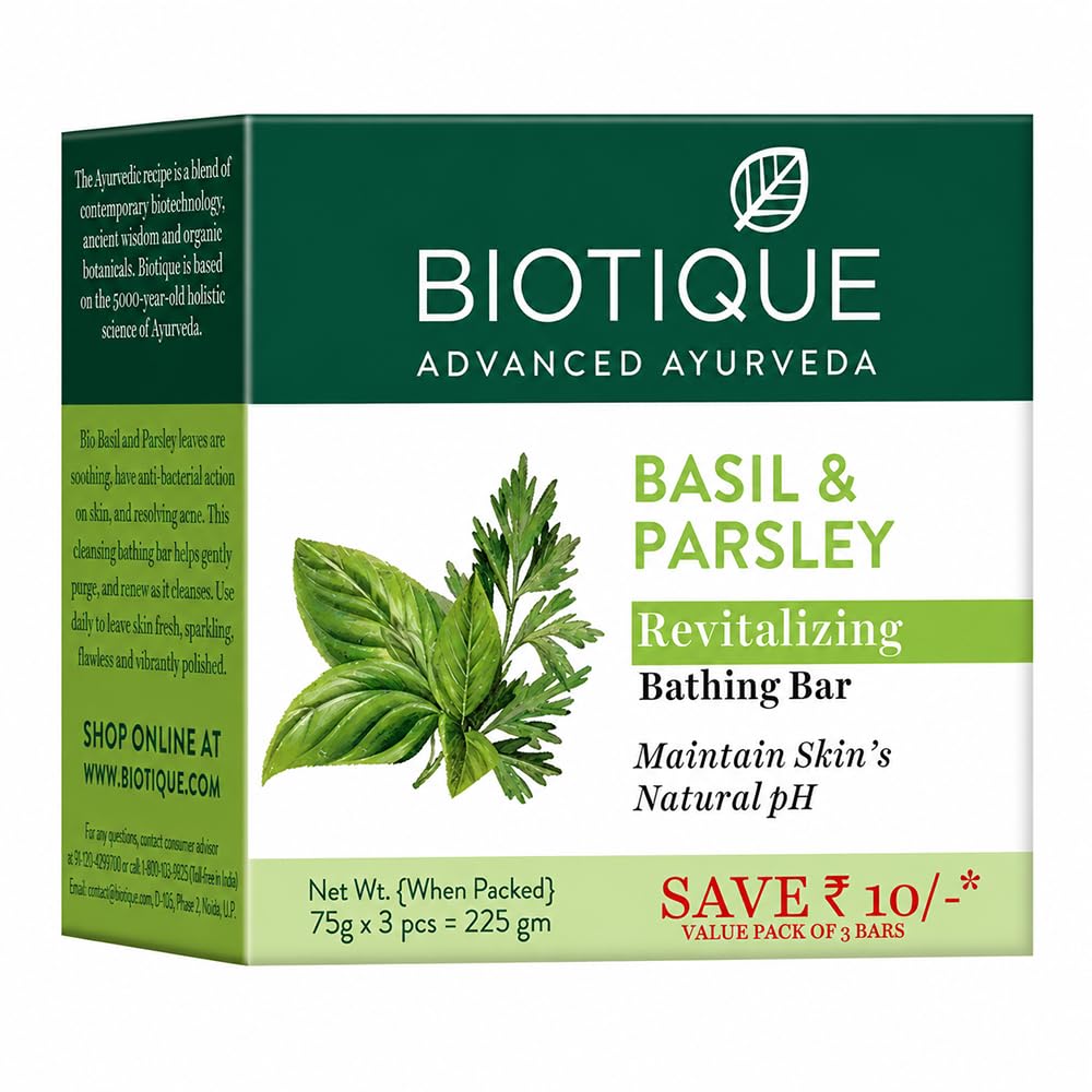 Biotique Basil & Parsley Revitalizing Bathing Bar| Ayurvedic and Organically Pure| Maintains Skin’s Natural pH |100% Botanical Extracts| Suitable for All Skin Types | 150gm 3, 225 g (3 x 75 g)