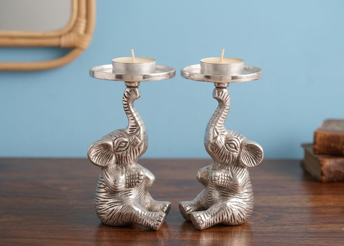 KridayKraft Elephant Candle Holders Set of 2 Pcs- Decorative Cast Aluminum Figurine Pillar Stands - Lucky Elephant Statues for Home Decor, Living Room, Gifting - Raised Trunk Design