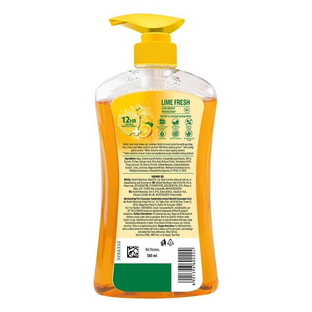 Dettol Body Wash and Shower Gel for Women and Men, Lime Fresh - 500ml | Soap-Free Bodywash | 12h Odour Protection