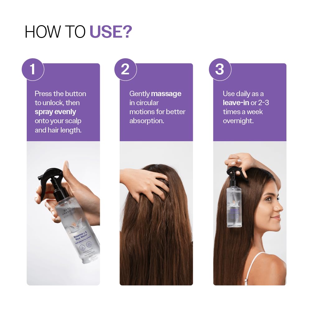 Bare Anatomy Nature x Science Rosemary Water Spray for Hair Growth & Hair Thickness with Rice Water | 100% Natural Extract | Soft & Smooth Hair | Controls Hairfall & Adds Shine | Non-Greasy & Fast Absorbing | 200 ml