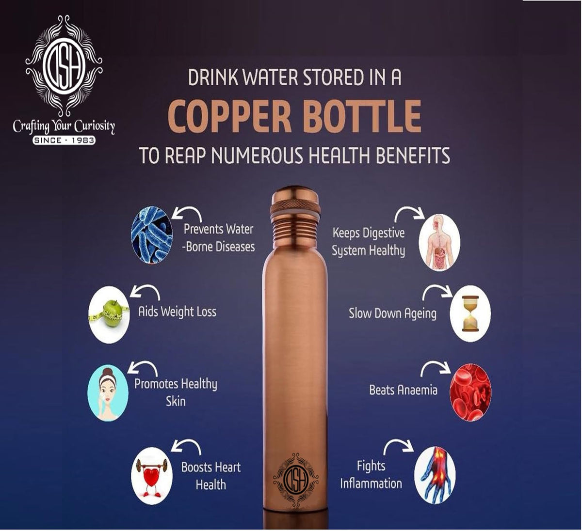 DSH Copper Bottles for 1 Litre Printed with Art Work, Travelling Purpose Bottles, Yoga Ayurveda Healing, 1000 ML (Design SM 1)