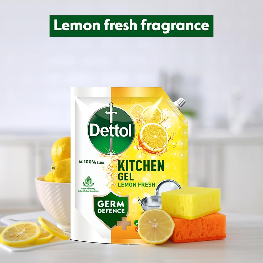 Dettol Dishwash liquid and Kitchen Gel | Cuts Tough Grease | Remove germs | Lemon Fragrance | 1500ml (Refill Pack)
