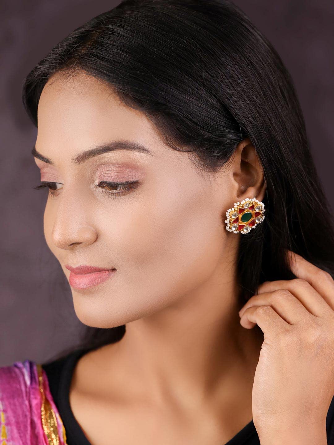 Priyaasi Ruby Kundan Beads Gold Plated Studs, rani, One Size (EAR-PR-50652)