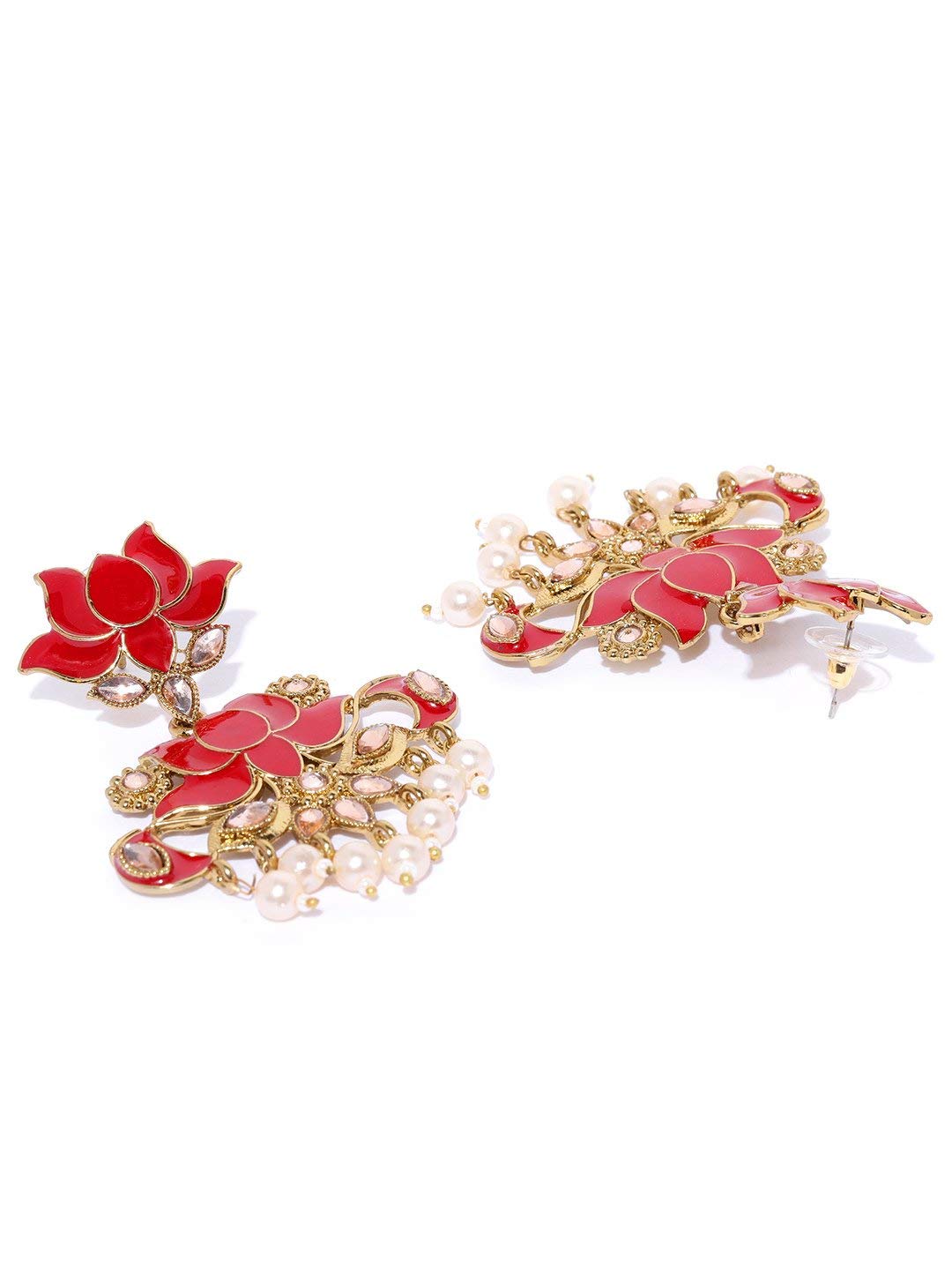 Priyaasi Gold-Plated Stones Studded, Lotus Patterned Meenakari Drop Earring in Red Color with Pearls Drop, One Size (EAR-PR-50170-RED)