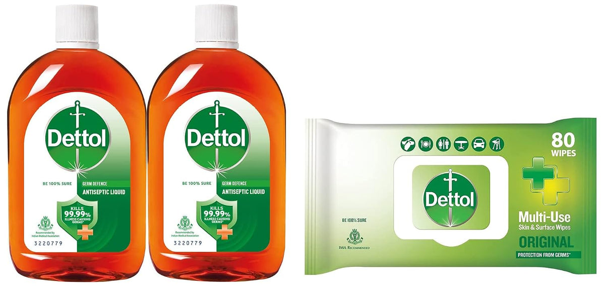 Dettol Antiseptic Disinfectant liquid for First aid, Surface Cleaning and Personal Hygiene, 250ml, Pack of 2 & Dettol Disinfectant Sanitizer Wet Wipes for Skin & Surfaces, Original – 80 Count
