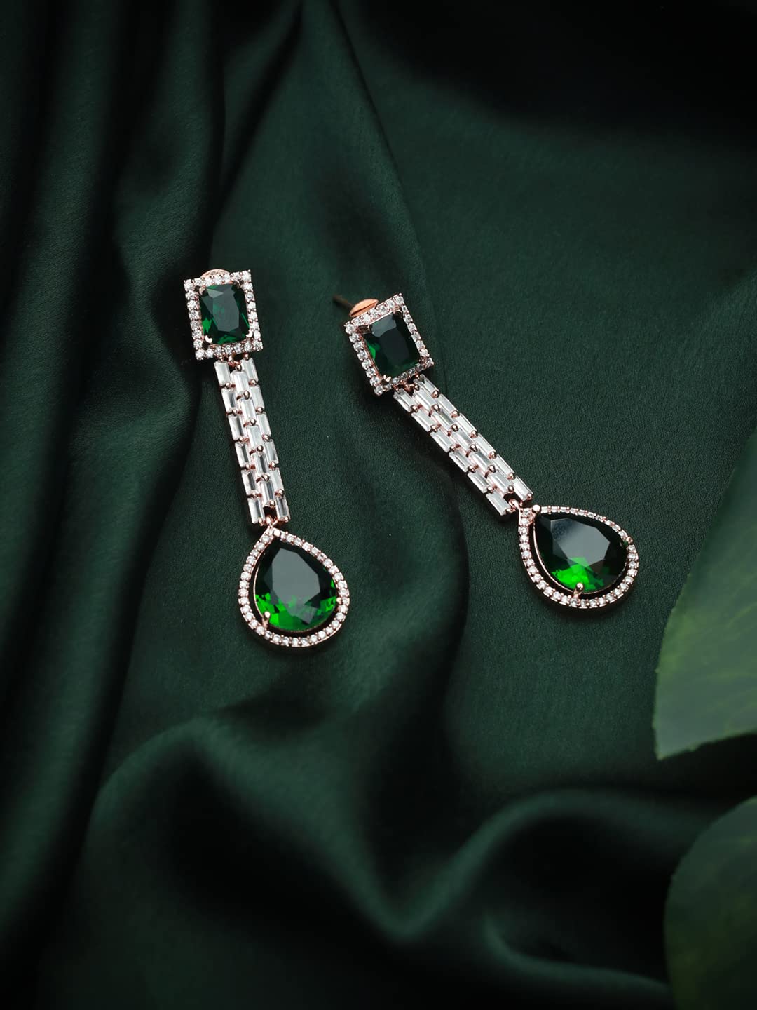 Priyaasi Green AD Studded Rose Gold Plated Drop Earrings