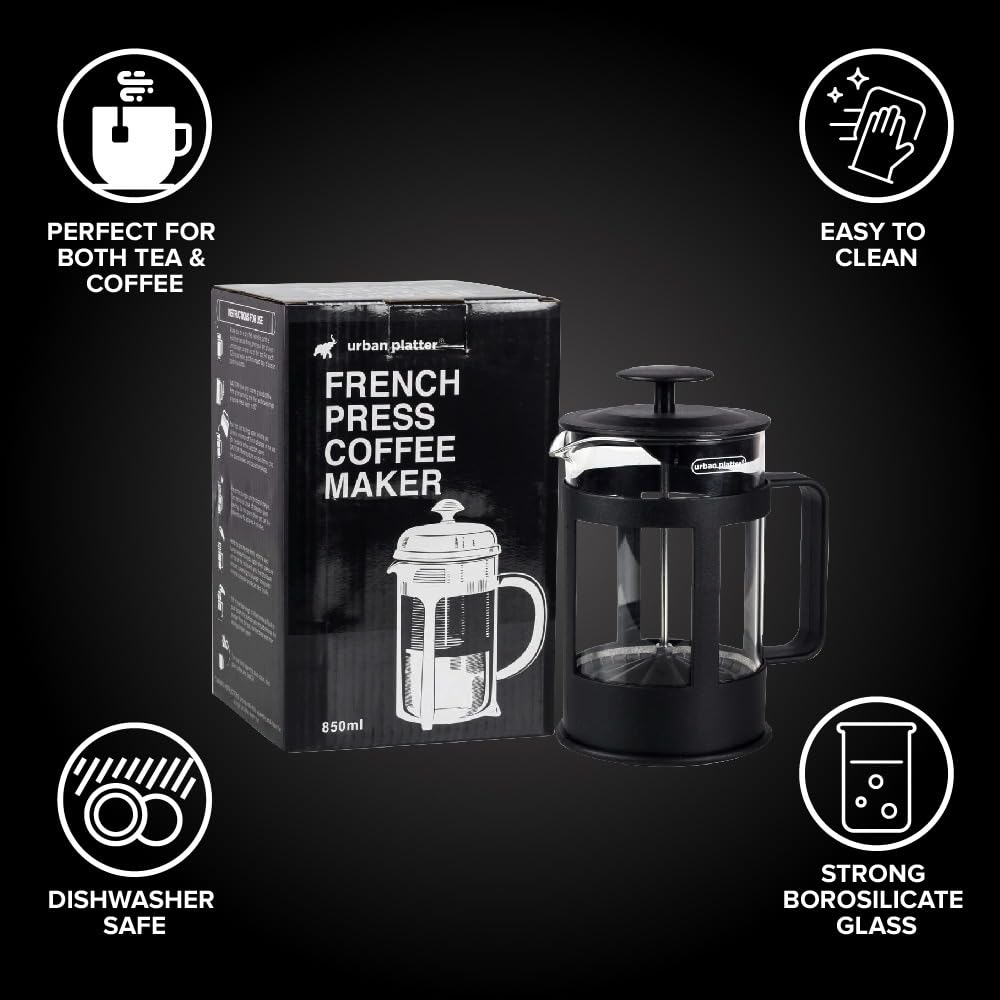Urban Platter French Press Coffee Maker Pot, 850ml [Toughened Boron Glass, Stainless Steel Plunger]