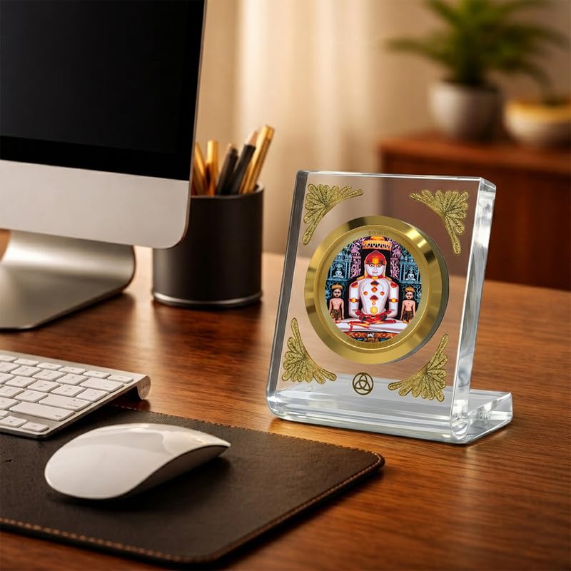 DIVINITI 24K Gold Plated Lord Adinath Acrylic Frame for Car Dashboard, Home Temple & Office Table | Premium Spiritual Gift, Blessings for Protection & Positivity, 8x7 cm Decorative Showpiece