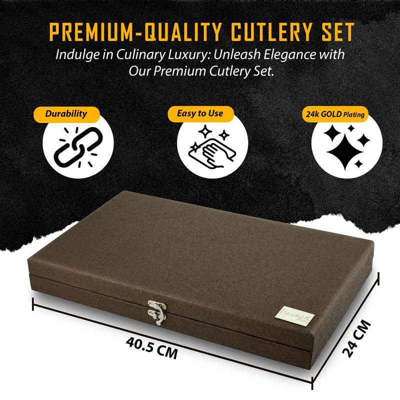 Parage 24 Pieces Premium Stainless Steel Golden Cutlery Set, Home & Kitchen with Gift Box, (6 Pieces Each Table Spoons, Table Forks, Dinner Spoon & Tea Spoons) with Leatherite Box (Moonpress Design)