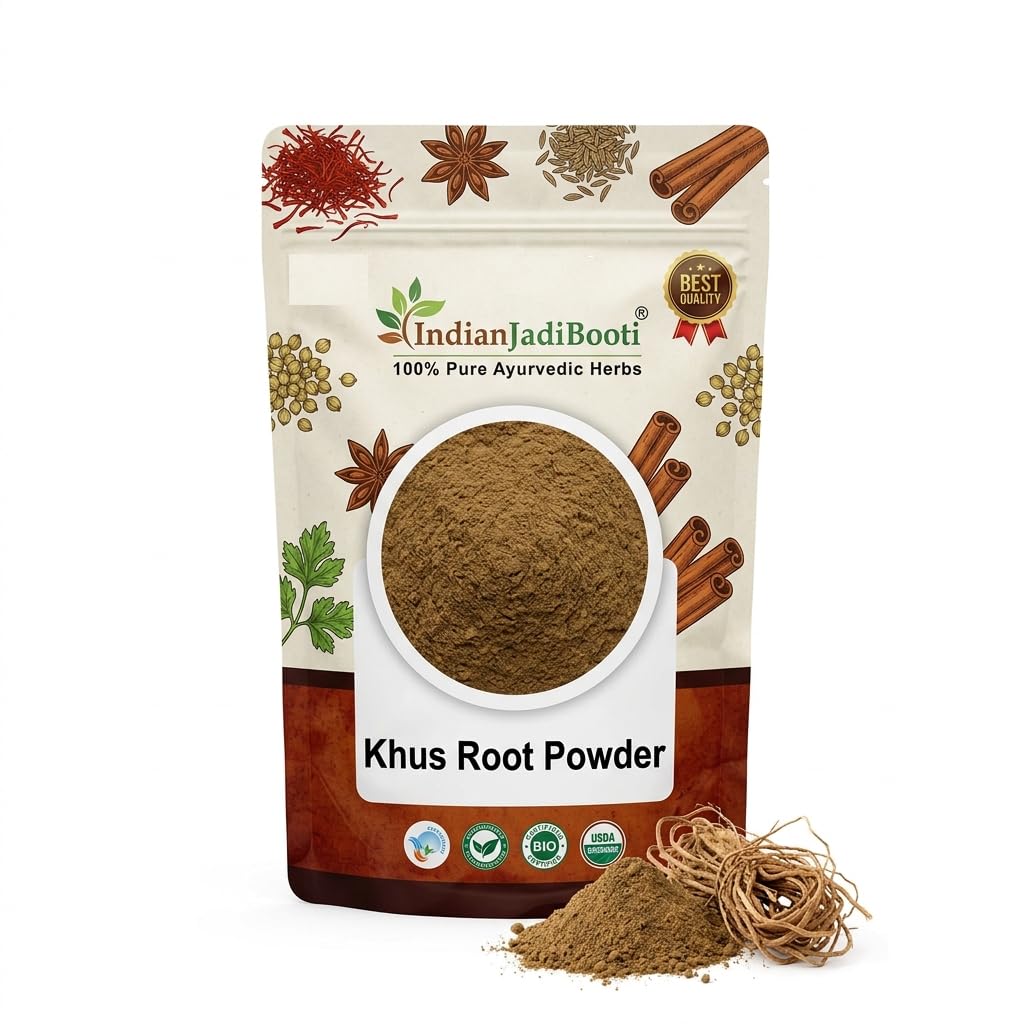 IndianJadiBooti Pure Khus Root Powder (Vetiver) for Glowing Skin, Acne Control, Prickly Heat Relief & DIY Ubtan - Raw Herbal Face Pack & Skin Treatment Mask (250 Grams)