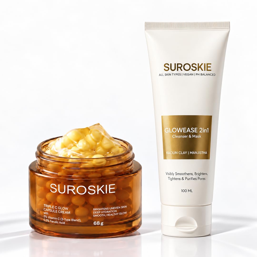 SUROSKIE Triple C Capsule Cream 68g & GlowEase 2-in-1 Cleanser Mask 100ml Combo for Men & Women, Vitamin C Brightening Face Care Kit with Aloe Vera, Kaolin Clay, Niacinamide & Hyaluronic Acid