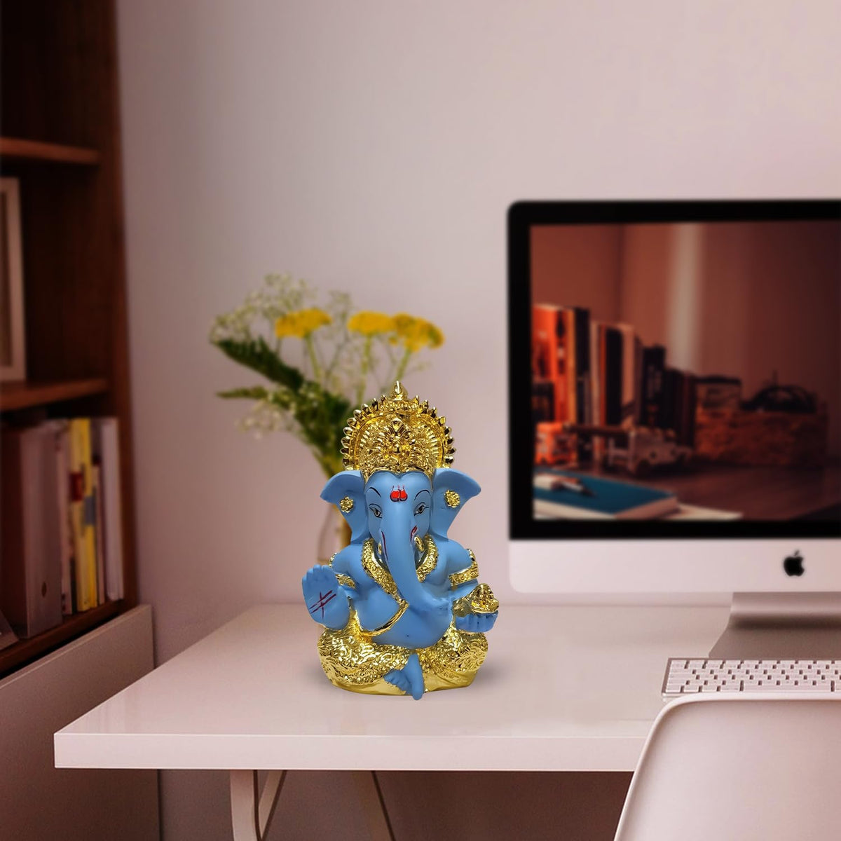 DIVINITI Gold Plated Lord Ganesha Idol for Home Decor Puja, Office & Home Shelves, Diwali Puja, and Gifting |Ganpati Murti Sculpture & Religious 3.5 Inches (8.89 x 5.08 cm) (Mukut Gold Blue)