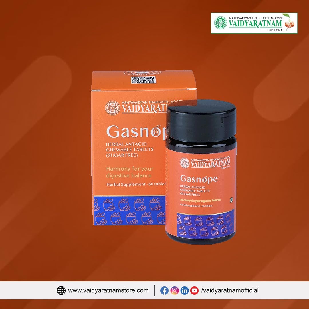 Vaidyaratnam Gasnope Tablet - 60 Nos, Improves Digestion, Relieves from Gas, For Acidity & HeartBurn | Fast & Natural Relief from Acidity | Acidity Relief Tablet | Sugar-Free Chewable Tablets | Supports Acidity and Bloating Relief | Natural Digestive Comfort Tablets